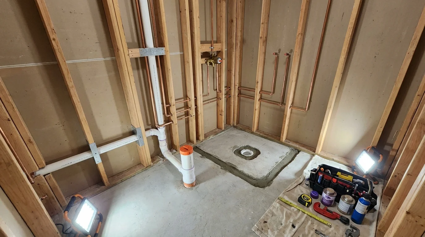 Bathroom rough-in plumbing during remodel by Johns Plumbing LLC in Canyonville