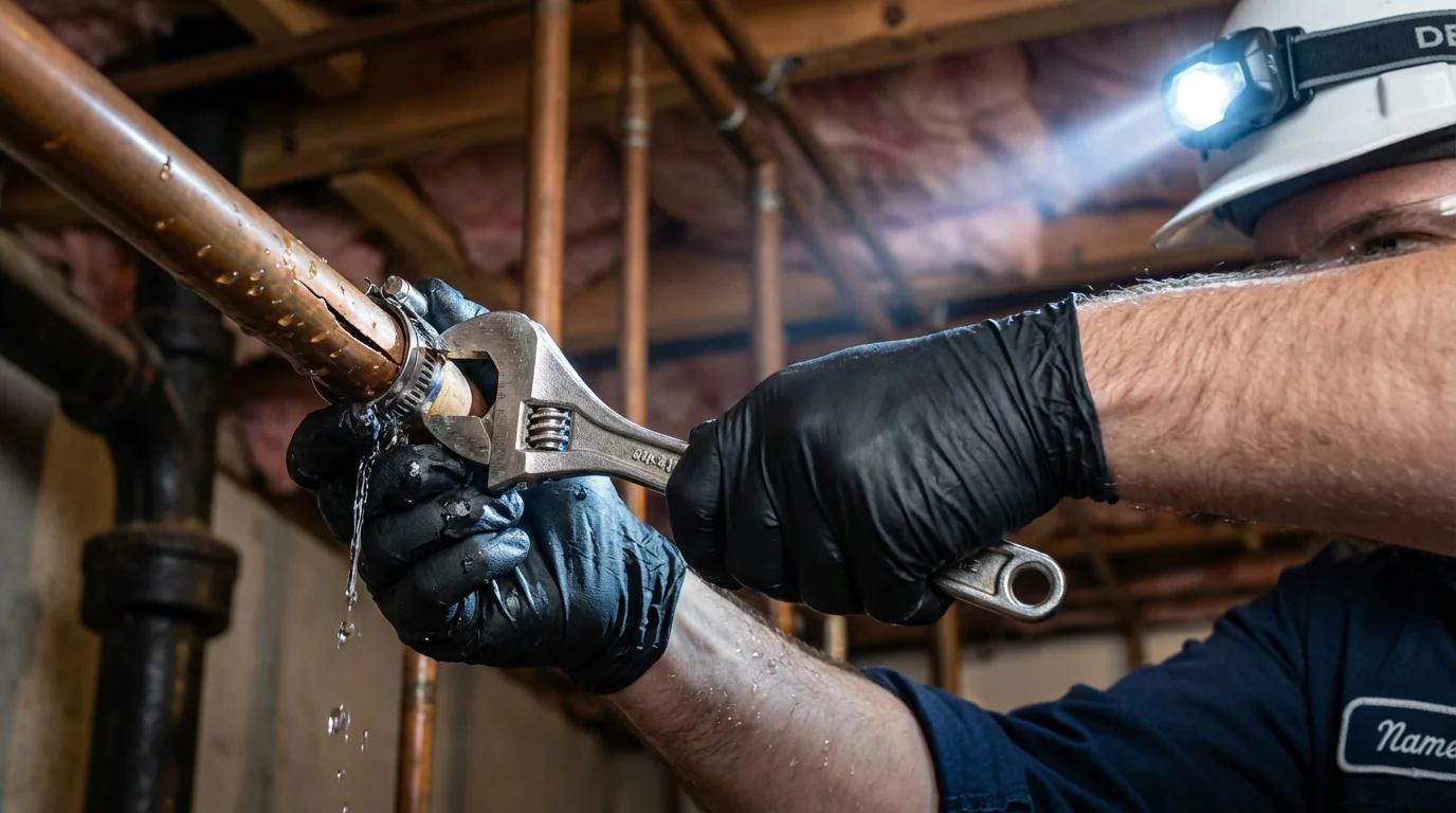 Emergency pipe clamp repair being performed by a Johns Plumbing LLC plumber in Canyonville