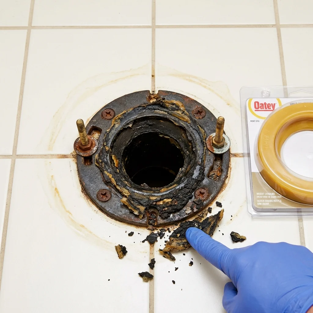 Failed wax ring showing water seepage at the base of a toilet in a Canyonville, OR home