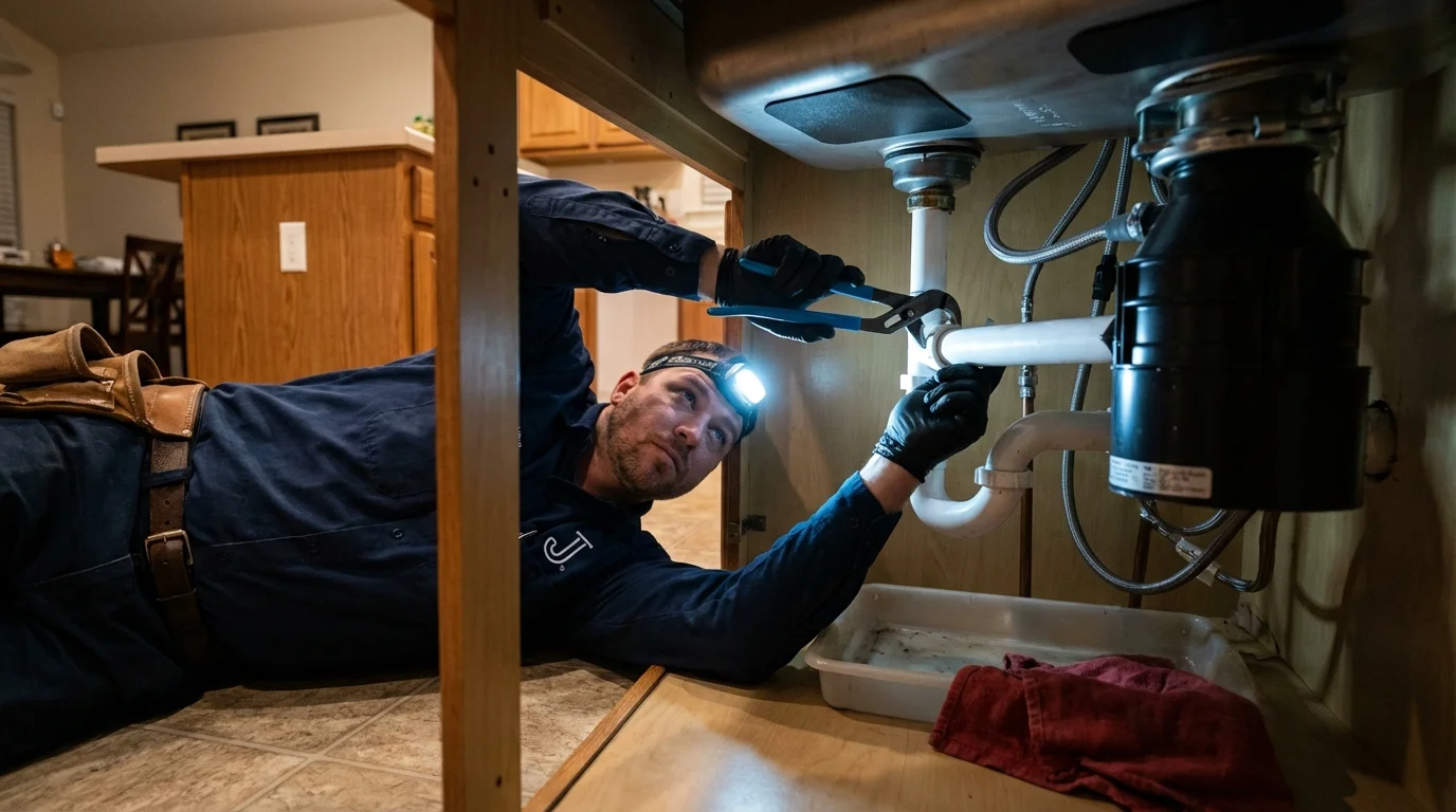 P-trap and supply line connections under a kitchen sink showing a common leak point in Canyonville, OR
